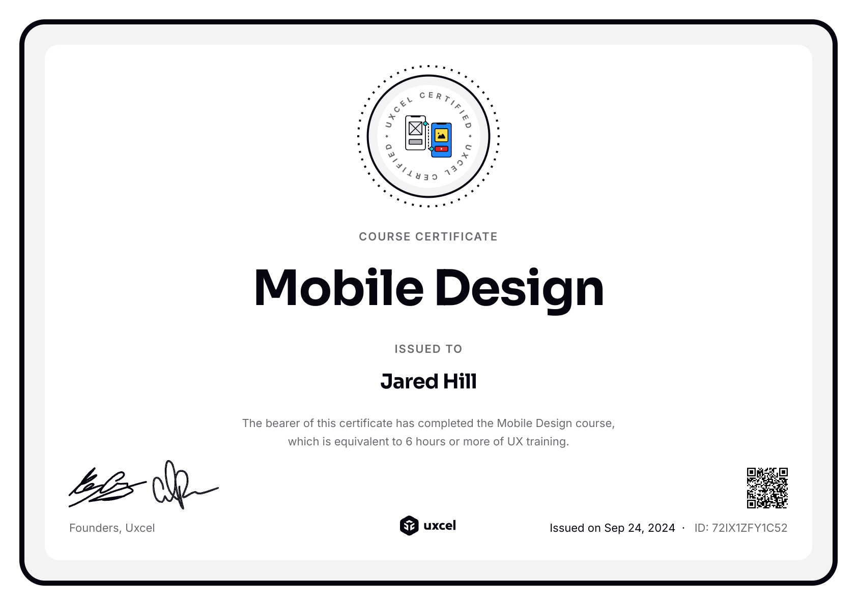 Jared Hill's certificate